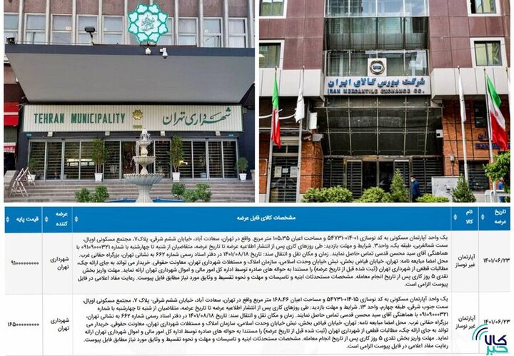 عرضه ۲ ملک شهرداری تهران ۲۳ شهریورماه در بورس کالا+جزییات عرضه ۲ ملک شهرداری تهران ۲۳ شهریورماه در بورس کالا+جزییات
