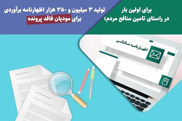 تولید 3 میلیون و 350 هزار اظهارنامه برآوردی برای مودیان فاقد پرونده تولید 3 میلیون و 350 هزار اظهارنامه برآوردی برای مودیان فاقد پرونده